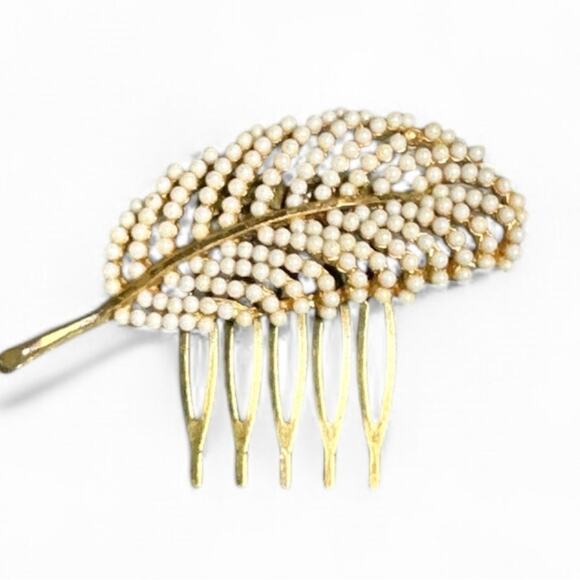 Handmade Accessories - Bridal Hair Comb Ivory Beaded Leaf White Accessory Vintage Wedding Clip